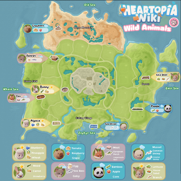Mapa de ubicaciones de animales en Heartopia